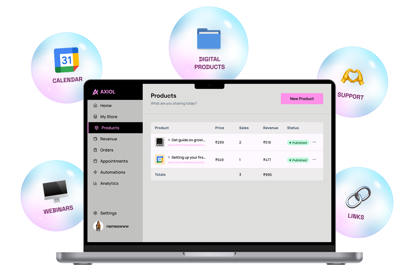 Axiol products on a MacBook: your storefront, products and UPI checkout in one dashboard